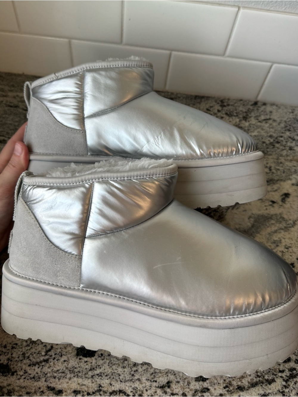 UGG Women's Ultra Mini Platform Hi Shine Boot in Silver. Size 8